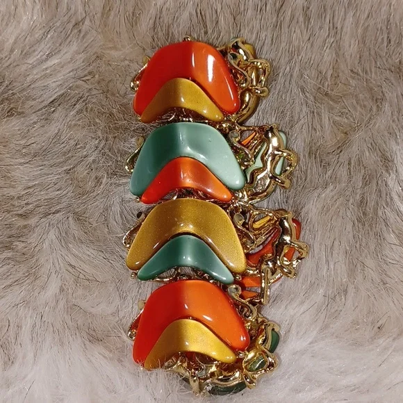 Vintage Bracelet Link Green Orange 7" Chunky Jewelry - Picture 6 of 7
